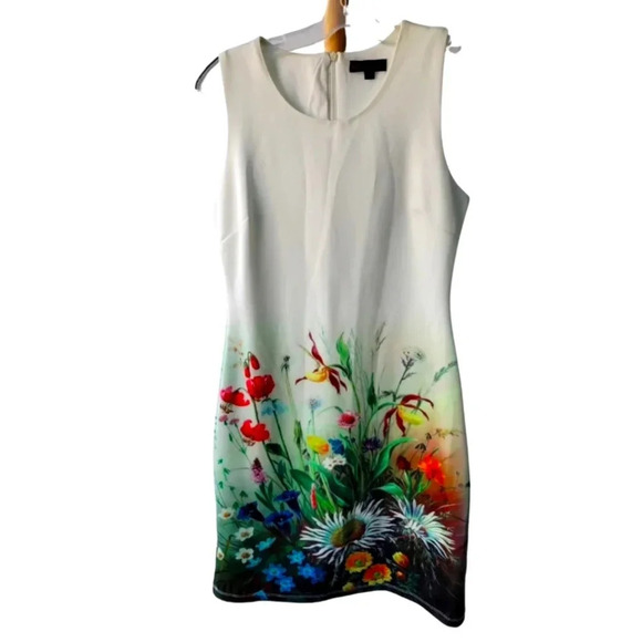 Superstition White Sleeveless  Dress Sheath Colorful Flowers Zipper Back UK 10 - Picture 1 of 11